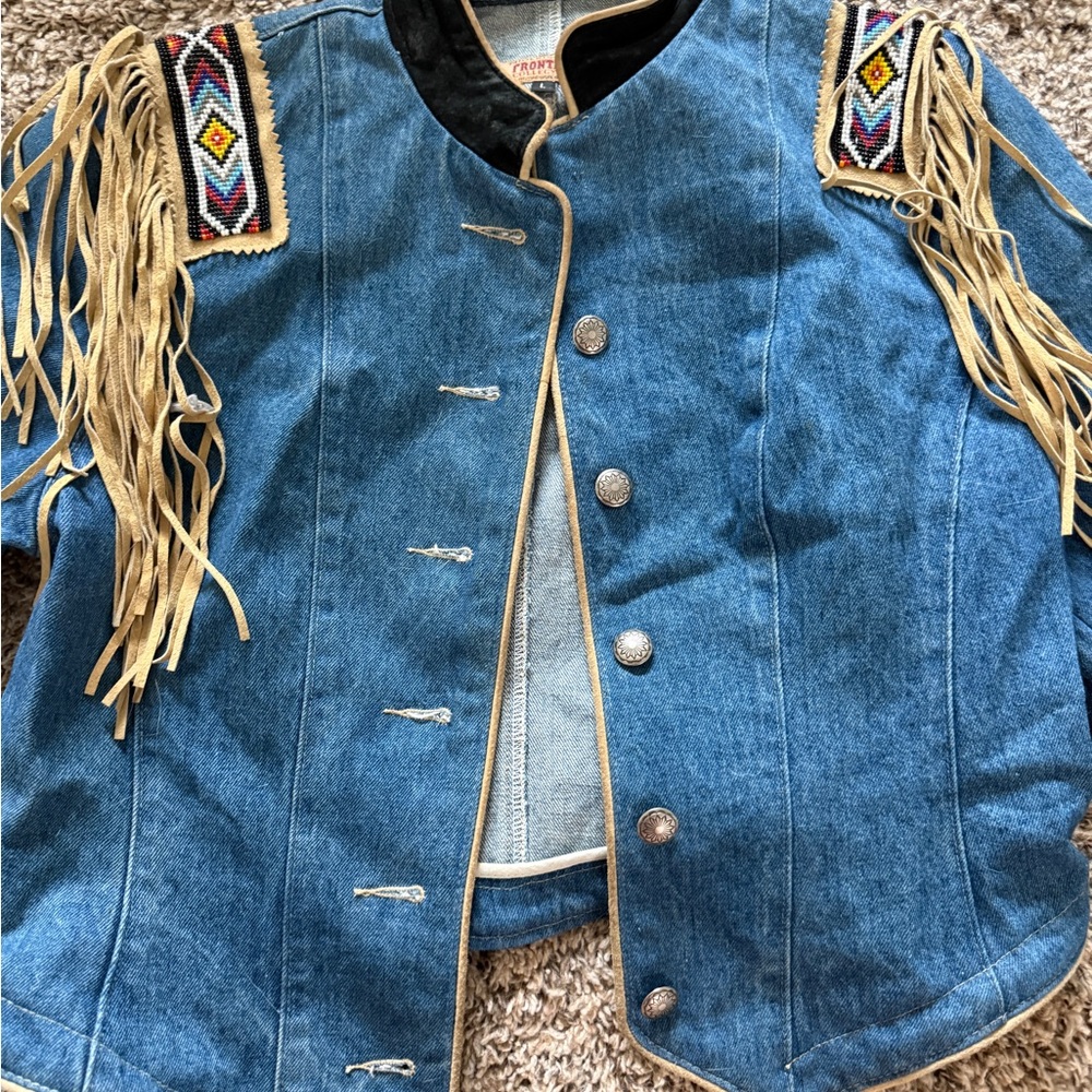 Western Fringe Blue and Tan Jean Jacket